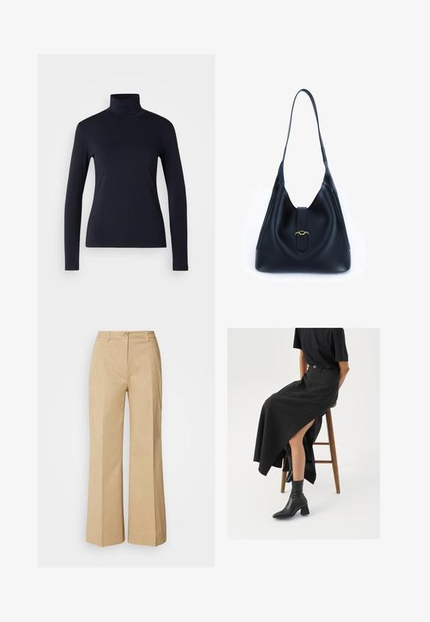 Tume sinine kõrge kaelusega pikkade varrukatega topp. Valmistatud pehmest kangast, millel on sile tekstuur. Omab kokkuhoidlikku disaini ja kõrget kraed ilma nähtavate õmblusteta.; Beige laiad püksid, mis on valmistatud puuvillasegist kangast. Omab nööbiga sulgemist, esiseemne detaile ja puhta alläärmega, mis on kergelt tekstuurne.; Must mustriga mustri, kõrge lõhiku ja musta T-särgiga, koos mustade ankle kingadega. Minimalistlik disain, lõtv istuvus.; Must mustrist must alune, leeval ja pehme disainiga. Omab lamedat rihma ja keskel asuvat sulgemist, millel on kuldne aksent.