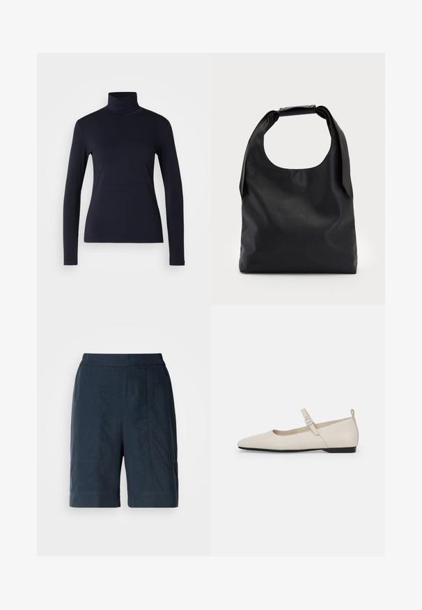 Haut à col roulé bleu marine à manches longues. Fabriqué en tissu doux avec une texture lisse. Présente un design ajusté et un col haut sans coutures visibles.; Shorts bleu marine en tissu léger, avec une coupe droite, deux poches avant et des détails de couture subtils.; Ballerines en cuir blanc avec bout pointu, bride à la cheville et petit talon noir. Texture lisse avec des accents minimaux.; Sac à main en cuir noir avec une grande ouverture sur le dessus et une seule bandoulière. Texture douce, design minimaliste, avec des accents métalliques discrets.; Boucles d'oreilles en argent au design minimaliste. Forme circulaire, texture lisse et profil fin. Légères avec une finition polie.