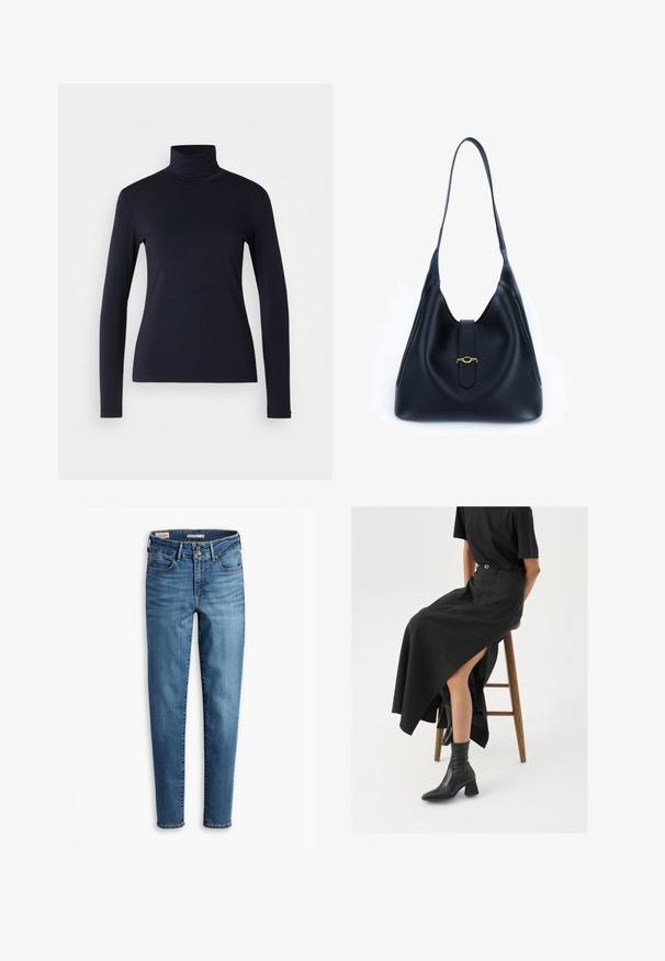 Tume sinine kõrge kaelusega pikkade varrukatega topp. Valmistatud pehmest kangast, millel on sile tekstuur. Omab kokkuhoidlikku disaini ja kõrget kraed ilma nähtavate õmblusteta.; Kõrge vöökohaga kitsad teksad helesinisest denimist. Omab viit taskut, ees klõpsuga sulgemist ja klassikalist tikandit kogu ulatuses.; Must mustriga mustri, kõrge lõhiku ja musta T-särgiga, koos mustade ankle kingadega. Minimalistlik disain, lõtv istuvus.; Must mustrist must alune, leeval ja pehme disainiga. Omab lamedat rihma ja keskel asuvat sulgemist, millel on kuldne aksent.