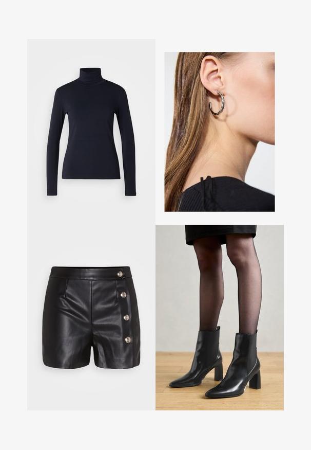 Maglione a collo alto blu navy a maniche lunghe. Realizzato in tessuto morbido con una texture liscia. Presenta un design aderente e un alto collo senza cuciture visibili.; Pantaloni corti in pelle nera con una texture liscia, caratterizzati da quattro dettagli in metallo argentato sul lato destro e due tasche frontali.; Stivaletti neri in pelle con punta affusolata, tacco quadrato imponente e design elegante. Dotati di pannelli laterali elasticizzati per una facile vestibilità.; Orecchino a cerchio in argento con finitura lucida, caratterizzato da piccoli dettagli in oro e una forma tondeggiante, indossato sul lobo.
