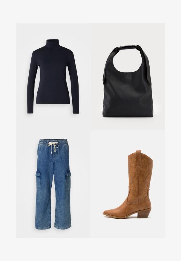 Mörkblå polotröja med lång ärm. Tillverkad av mjukt tyg med en slät yta. Har en figursydd design och hög krage utan synliga sömmar.; Blå denim cargo-byxor med elastisk midja och dragsko, med två stora sidofickor och en vid ben-design.; Bruna lädercowboystövlar med spetsig tå, broderade virvelmönster på skaftet och en staplad blockklack. Har en dragflik för enkel påtagning.; Svart läderhandväska med en stor öppen topp och en enkel axelrem. Mjuk textur, minimalistisk design, med subtila metallaccenter.; Silverfärgade hoopörhängen med en slät, polerad yta. Rund form och säker klickstängning. Lättviktig design som passar för vardagligt bruk.