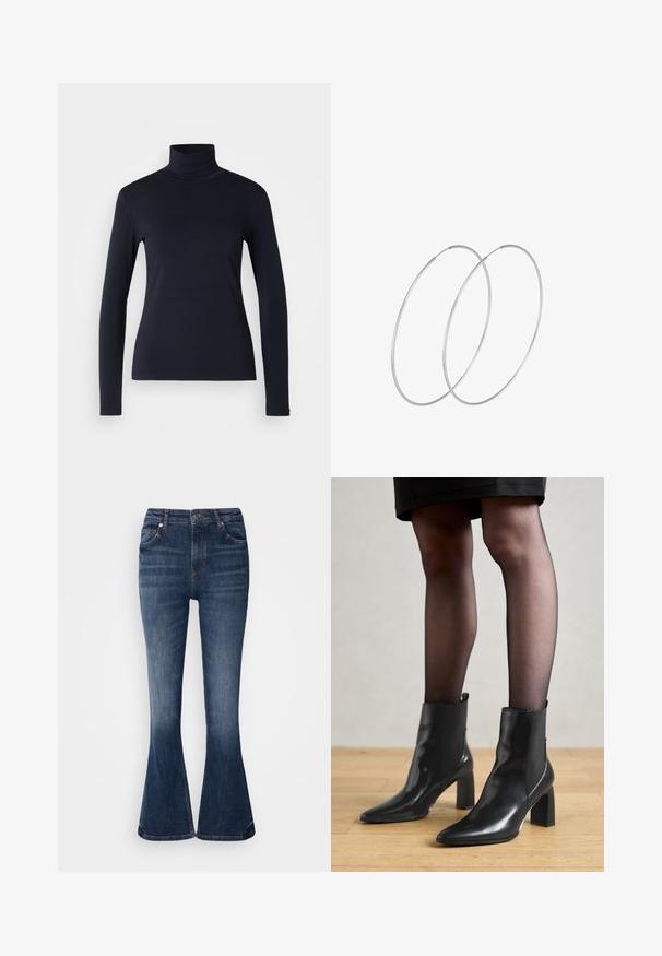 Navy turtleneck long-sleeve top. Made from soft fabric with a smooth texture. Features a fitted design and high collar without visible seams.; Dark blue denim flared jeans with a high waist, front pockets, and subtle faded areas along the thighs. Seam detailing at the waist and hem.; Black leather ankle boots with a pointed toe, chunky square heel, and sleek design. Features elastic side panels for easy wear.; Silver hoop earrings with a minimalist design. Circular shape, smooth texture, and thin profile. Lightweight with a polished finish.