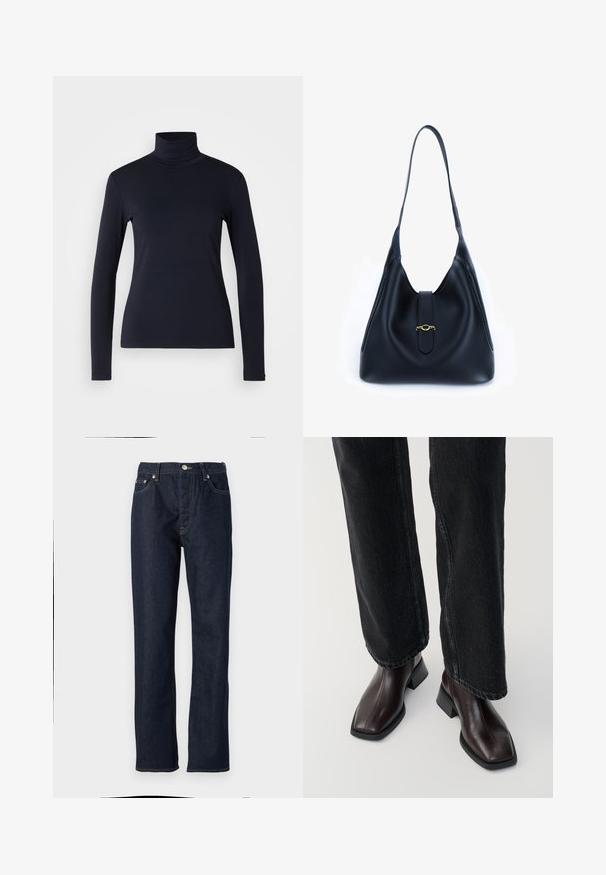 Tume sinine kõrge kaelusega pikkade varrukatega topp. Valmistatud pehmest kangast, millel on sile tekstuur. Omab kokkuhoidlikku disaini ja kõrget kraed ilma nähtavate õmblusteta.; Tumedat sinised teksad sirge lõikega, millel on nööp ja lukuga sulgus, viie-tasku disain ja kontrastsetest õmblustest detailid.; Pruunid nahast pahkluu saapad, millel on ruudukujuline varvas ja plokk-kand, koos mustade laiade pükstega. Sile tekstuur ja minimalistlik disain.; Must mustrist must alune, leeval ja pehme disainiga. Omab lamedat rihma ja keskel asuvat sulgemist, millel on kuldne aksent.