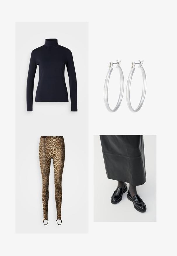 Mörkblå polotröja med lång ärm. Tillverkad av mjukt tyg med en slät yta. Har en figursydd design och hög krage utan synliga sömmar.; Pälsmönstrade leggings i beige och brunt, med en figurnära design, elastisk midja och ankelremmar för säker passform. Slät yta.; Svarta läderloafers med en slät yta, prydda med en dekorativ rem, rund tå och texturerad sula. Bärs med en lång svart läderkjol.; Silverfärgade hoopörhängen med en slät, polerad yta. Rund form och säker klickstängning. Lättviktig design som passar för vardagligt bruk.
