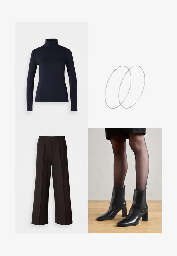 Marineblauwe coltrui met lange mouwen. Gemaakt van zachte stof met een gladde textuur. Heeft een aansluitend ontwerp en een hoge kraag zonder zichtbare naden.; Zwarte wijde broek met een vlakke voorkant, plooien en een soepele stoftextuur. Heeft een hoge taille en een op maat gemaakte snit voor een gestructureerde pasvorm.; Zwarte leren enkellaarsjes met een spitse neus, stevige vierkante hak en een fraaie uitstraling. Beschikt over elastische zijpanelen voor gemakkelijke aan- en uittrekken.; Zilveren hoepel oorbellen met een minimalistisch ontwerp. Cirkelvormig, gladde textuur en dun profiel. Lichtgewicht met een gepolijste afwerking.