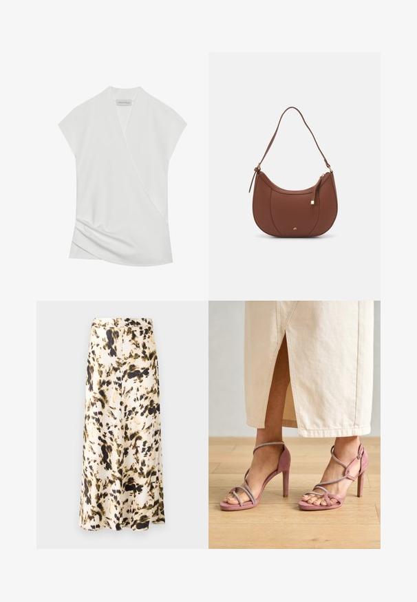Biała bluzka krótki rękaw z krojem typu wrap, z delikatnym marszczeniem u dołu i gładką, miękką teksturą. Metka mówi "ANNA FIELD."; Spódnica do kolan z lekkiego materiału w abstrakcyjny wzór w odcieniach beżu, brązu i zieleni. Posiada dopasowany pas i zwiewny krój.; Różowe zamszowe sandały na wysokim obcasie z krzyżującymi się paskami i srebrnymi zdobieniami, charakteryzujące się otwartym noskiem i fakturowaną powierzchnią.; Brązowa torebka na ramię z eko-skóry o zaokrąglonym kształcie, z minimalnym przeszyciem i złotym akcentem na okuciach. Posiada zamek błyskawiczny u góry oraz regulowany pasek.
