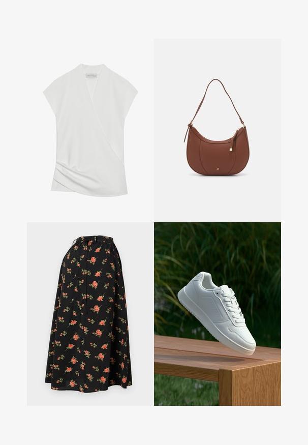 White short-sleeve blouse with a wrap design, featuring subtle draping at the hem and a smooth, soft texture. Label reads "ANNA FIELD."; Black floral skirt with a drawstring waist, featuring red and green flower patterns and a flowing, lightweight texture.; White sneaker with a smooth synthetic upper, perforated toe box, flat laces, and a textured sole, displayed on a wooden surface.; Brown faux leather shoulder bag with curved shape, minimal stitching, and a gold-tone hardware accent. Features a top zipper closure and adjustable strap.