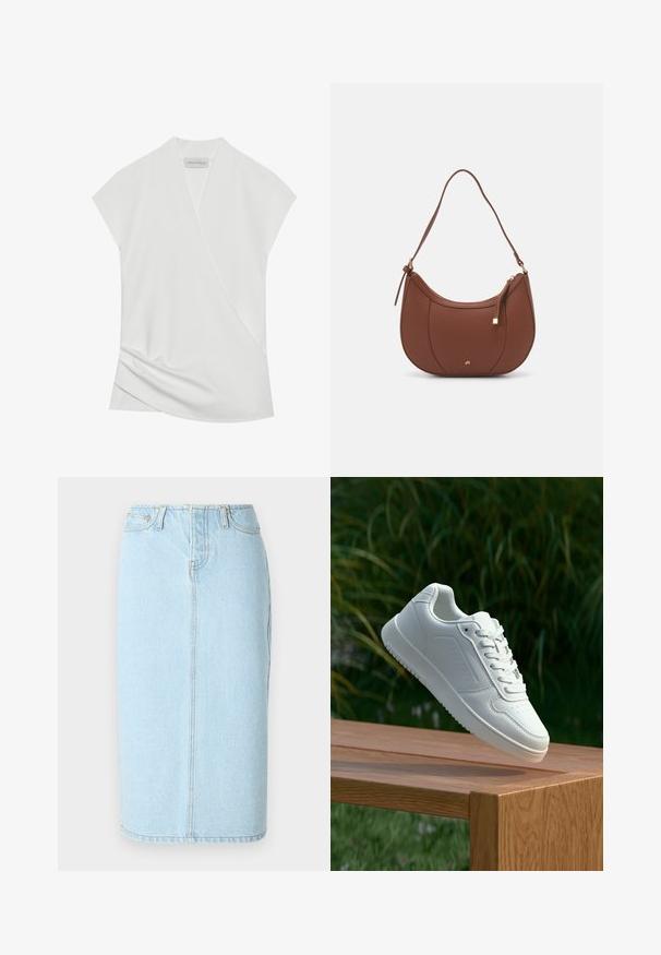 Valge lühikeste varrukatega pluus, millel on rätsepdisain, õrnalt langevad äärised ja sile, pehme tekstuur. Sildil on kirjas "ANNA FIELD."; Heledsinine denimpencil-seelik, millel on kõrge talje, viie taskuga disain ja peened õmbluse detailid.; Valged sneakerd, millel on sile sünteetiline ülemine osa, väikeste aukudega varvaskast, lamedad paelad ja tekstuuriga tald, eksponeeritud puidust pinnal.; Pruun faux nahast õlaline kott, millel on kaarjas kuju, minimaalne õmblemine ja kuldse tooni metallist aksessuaar. Omab ülemist tõmblukku ja reguleeritavat rihma.