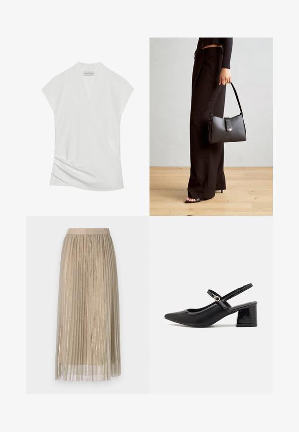 Balts īsām piedurknēm blūze ar aplokša dizainu, kurai ir nemanāms krokas ap apakšmalu un gluda, mīksta tekstūra. Etiķete skan "ANNA FIELD."; Gari plando midi svārki gaiši bēšā krāsā ar caurspīdīgu pārliku, ar mīkstu jostu un vieglām metāliskām akcentiem visā audumā.; Melns patentēts ādas sandales ar norādīta pirksta formu, noapaļotu izgriezuma dizainu un bloķētu papēdi. Iezīmēta ar zelta toņa sprādzi.; Melnā somiņa ar strukturētu formu, gludu tekstūru un metālu sprādzi. Saskaņota ar platām melnām biksēm un sandālēm ar atvērtu purngalu uz koka grīdas.