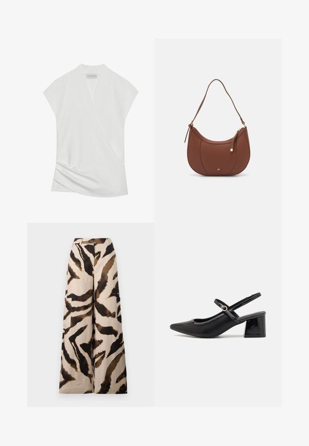 Valge lühikeste varrukatega pluus, millel on rätsepdisain, õrnalt langevad äärised ja sile, pehme tekstuur. Sildil on kirjas "ANNA FIELD."; Kerged sääred, mis on valmistatud kergest kangast, beeži alusega, pruuni ja musta tiigri triibulise mustriga ning küljetaskutega.; Mustad läikivad nahast slingback-kõrged kontsad, millel on terav nina, ümar lõikekujundus ja blokknina. Omab kuldset nupu aktsenti.; Pruun faux nahast õlaline kott, millel on kaarjas kuju, minimaalne õmblemine ja kuldse tooni metallist aksessuaar. Omab ülemist tõmblukku ja reguleeritavat rihma.