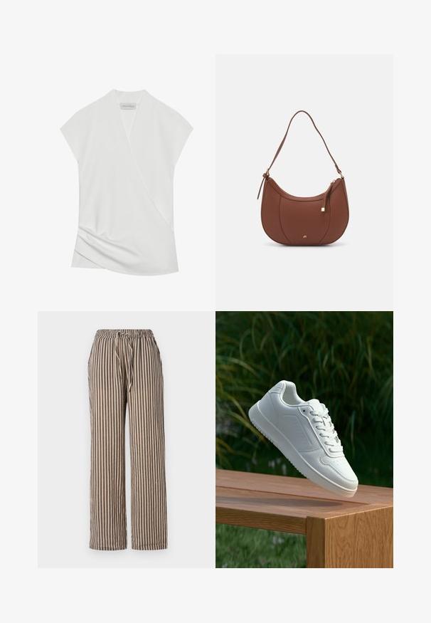 Fehér, rövid ujjú blúz, átkötős dizájnnal, finom redőzéssel az alján és sima, puha textúrával. A címkén az áll, hogy "ANNA FIELD."; Csíkos, bő szárú nadrág bézs színben, navy függőleges csíkokkal. Jellemzője a rugalmas derékpánt zsinórral és oldalsó zsebekkel. Puha szövet textúra.; Fehér sportcipő sima szintetikus felsőrésszel, perforált lábujjrész, lapos fűzőkkel és texturált talppal, fából készült felületen kihelyezve.; Barna műbőr válltáska ívelt formával, minimális varrással és arany színű kiegészítőkkel. Jellemzője a felső cipzáras záródás és állítható pánt.