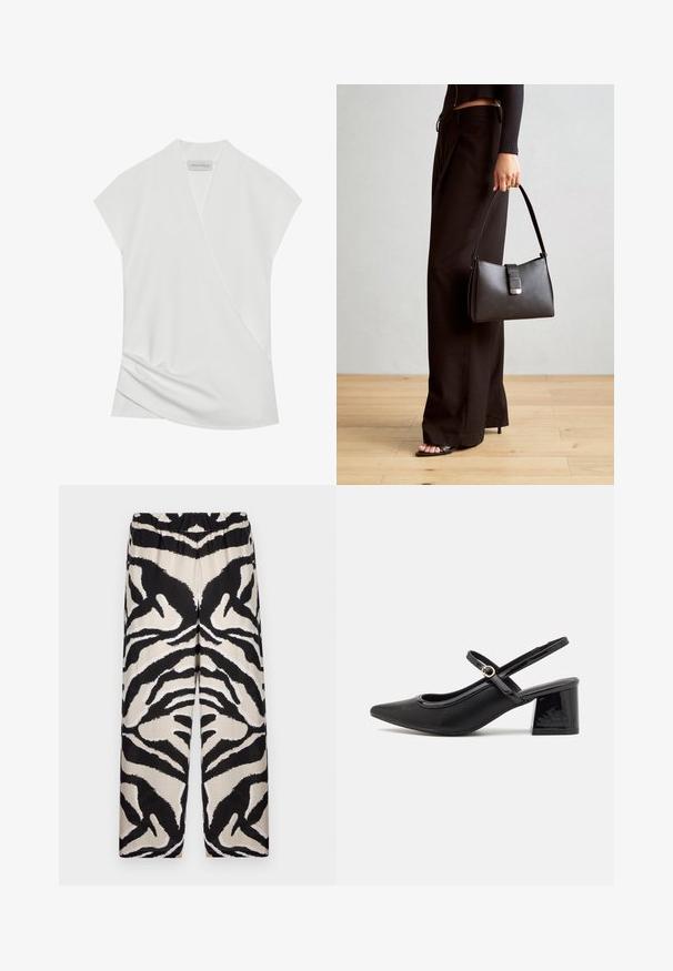 Valge lühikeste varrukatega pluus, millel on rätsepdisain, õrnalt langevad äärised ja sile, pehme tekstuur. Sildil on kirjas "ANNA FIELD."; Mustri musta ja beež laiade jalgadega püksid elastse vöökoha ja julgete zebra triipudega disainiga sujuvast kangast.; Mustad läikivad nahast slingback-kõrged kontsad, millel on terav nina, ümar lõikekujundus ja blokknina. Omab kuldset nupu aktsenti.; Must musta kott, millel on struktureeritud kuju, sile tekstuur ja metallist klamber. Kombineeritud laiate mustade pükstega ja avatud varvaste sandaalidega puidust põrandal.