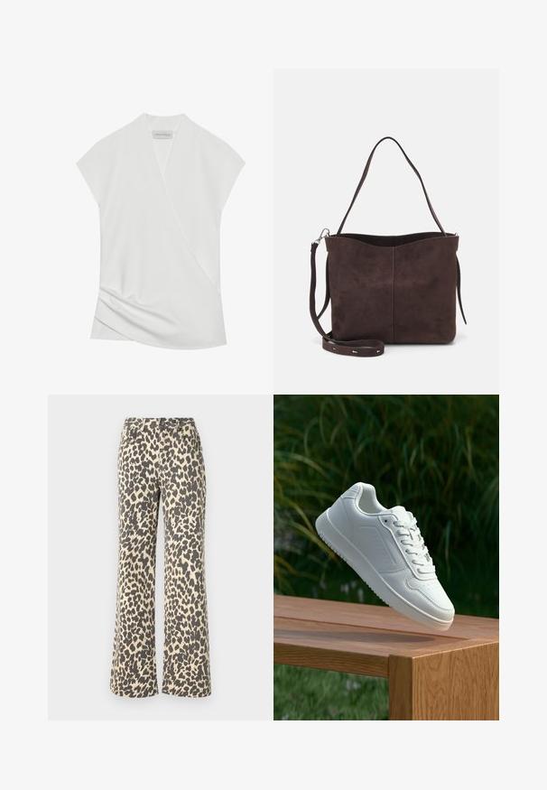 Biela blúzka s krátkym rukávom a prehodeným dizajnom, s nenápadným drapovaním na leme a hladkou, jemnou textúrou. Odznak s nápisom "ANNA FIELD."; Džínsy s leopardím vzorom a vysokým pásom, svetlohnedý základ a tmavohnedé škvrny; rozšírený strih nohavíc; pevná tkanina s mäkkou textúrou.; Biele tenisky s hladkým syntetickým zvrškom, perforovanou špičkou, plochými šnúrkami a textúrovanou podrážkou, vystavené na drevenej ploche.; Hnedá semišová taška s mäkkou textúrou, vybavená jedným ramenným popruhom a jemne zakriveným horným otvorom. Bez viditeľných hardvérových detailov.