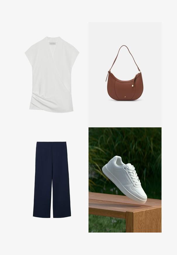 White short-sleeve blouse with a wrap design, featuring subtle draping at the hem and a smooth, soft texture. Label reads "ANNA FIELD."; Navy wide-leg trousers made of lightweight fabric, featuring a clean design and straight cut with side pockets and no visible fastenings.; White sneaker with a smooth synthetic upper, perforated toe box, flat laces, and a textured sole, displayed on a wooden surface.; Brown faux leather shoulder bag with curved shape, minimal stitching, and a gold-tone hardware accent. Features a top zipper closure and adjustable strap.