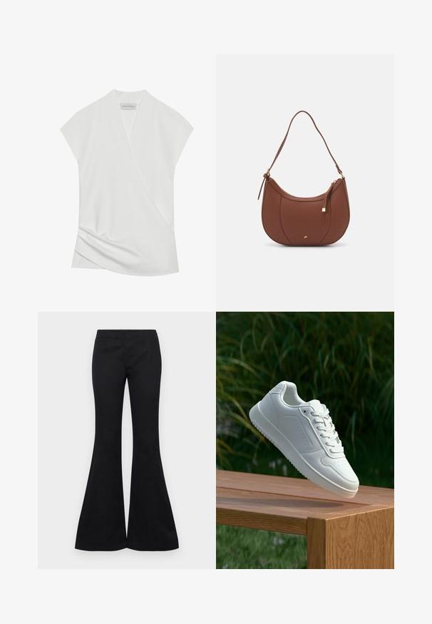 Balta trumpa rankovėmis bluzonė su apvalkalo dizainu, su subtiliu drapavimu apvadu ir sklandžia, švelnia tekstūra. Etiketėje parašyta "ANNA FIELD."; Juodos platėjančios kelnės iš lygaus audinio, turinčios prigludusią viršutinę dalį ir plačias kojines, be matomų dekoracijų ar kišenių.; Balti sneakeriai su lygia sintetine viršutine dalimi, perforuota pirštų zona, plokščiomis raištelėmis ir tekstūruotu padu, padėti ant medinės paviršiaus.; Ruda dirbtinės odos petinė piniginė su kreiva forma, minimalia siuvimo linija ir auksinės spalvos įranga. Yra užtrauktuko uždarymas viršuje ir reguliuojama petneša.