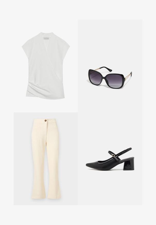 Valge lühikeste varrukatega pluus, millel on rätsepdisain, õrnalt langevad äärised ja sile, pehme tekstuur. Sildil on kirjas "ANNA FIELD."; Kreemikaalued flared püksid, millel on tekstuuriga kangas, esikotid ja üks pruun nööbiga vöökohal.; Mustad läikivad nahast slingback-kõrged kontsad, millel on terav nina, ümar lõikekujundus ja blokknina. Omab kuldset nupu aktsenti.; Mustad ümarad päikeseglaasid, millel on gradient objektiivid, paksud raamid ja kuldse tooni kettaga kaunistused tempelitel.; Must musta kott, millel on struktureeritud kuju, sile tekstuur ja metallist klamber. Kombineeritud laiate mustade pükstega ja avatud varvaste sandaalidega puidust põrandal.