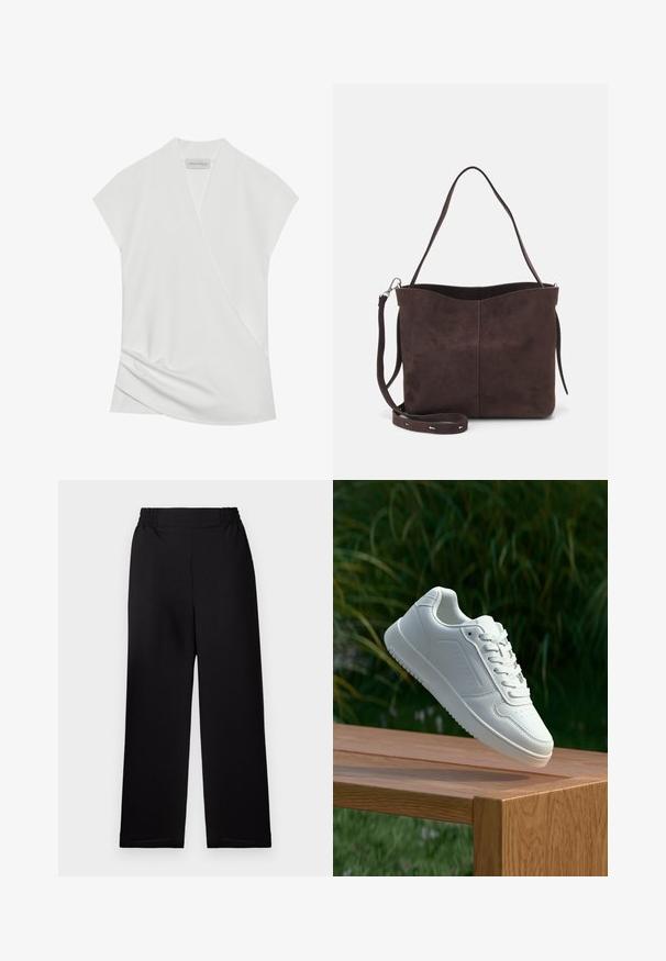 Blouse blanche à manches courtes avec un design drapé, présentant un léger tombé à l'ourlet et une texture lisse et douce. L'étiquette indique "ANNA FIELD."; Pantalon large plissé noir avec une taille élastique. Le matériau a une finition texturée. Pas de quincaillerie visible ni de motifs.; Sneakers blanches avec une tige synthétique lisse, un avant perforé, des lacets plats et une semelle texturée, présentées sur une surface en bois.; Sac fourre-tout en suède brun avec une texture douce, présentant une seule bandoulière et une ouverture supérieure légèrement courbée. Aucun détail de matériel visible.