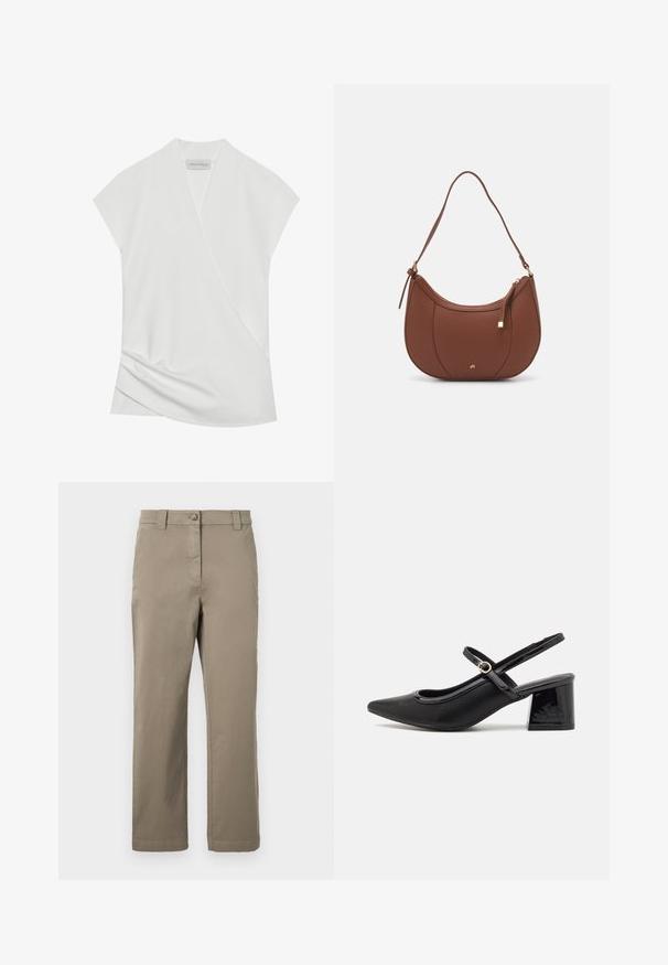White short-sleeve blouse with a wrap design, featuring subtle draping at the hem and a smooth, soft texture. Label reads "ANNA FIELD."; Khaki cotton chinos with a straight leg design, featuring a front button, side pockets, and a smooth texture. No visible patterns or accents.; Black patent leather slingback heels with a pointed toe, a rounded cutout design, and a block heel. Features a gold-tone buckle accent.; Brown faux leather shoulder bag with curved shape, minimal stitching, and a gold-tone hardware accent. Features a top zipper closure and adjustable strap.