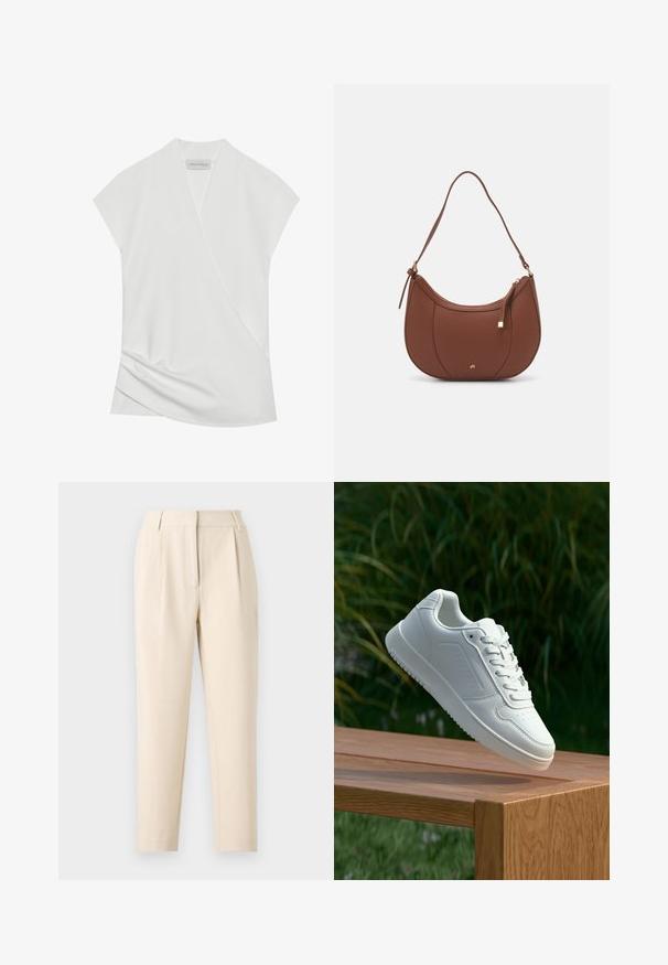 Valge lühikeste varrukatega pluus, millel on rätsepdisain, õrnalt langevad äärised ja sile, pehme tekstuur. Sildil on kirjas "ANNA FIELD."; Beesidised kostüümipüksid sirge lõikega, esiosas voldid ja sile viimistlus. Kangas näeb välja kerge ja tekstuurne.; Valged sneakerd, millel on sile sünteetiline ülemine osa, väikeste aukudega varvaskast, lamedad paelad ja tekstuuriga tald, eksponeeritud puidust pinnal.; Pruun faux nahast õlaline kott, millel on kaarjas kuju, minimaalne õmblemine ja kuldse tooni metallist aksessuaar. Omab ülemist tõmblukku ja reguleeritavat rihma.