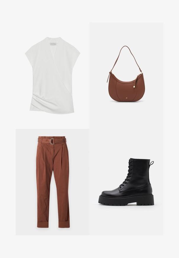 White short-sleeve blouse with a wrap design, featuring subtle draping at the hem and a smooth, soft texture. Label reads "ANNA FIELD."; Brown cotton trousers with a belt, featuring a metal buckle, pleated front and rolled cuffs. Smooth texture and straight-leg design.; Black leather ankle boots with a round toe, lace-up front, and a thick rubber sole featuring a textured tread. Pull tab at the back.; Brown faux leather shoulder bag with curved shape, minimal stitching, and a gold-tone hardware accent. Features a top zipper closure and adjustable strap.