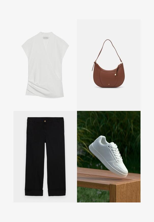 Valge lühikeste varrukatega pluus, millel on rätsepdisain, õrnalt langevad äärised ja sile, pehme tekstuur. Sildil on kirjas "ANNA FIELD."; Mustad puuvillased püksid sirge säärega, millel on ees taskud, kuldne nööp sulgemiseks ja voltitud vars. Sile tekstuur.; Valged sneakerd, millel on sile sünteetiline ülemine osa, väikeste aukudega varvaskast, lamedad paelad ja tekstuuriga tald, eksponeeritud puidust pinnal.; Pruun faux nahast õlaline kott, millel on kaarjas kuju, minimaalne õmblemine ja kuldse tooni metallist aksessuaar. Omab ülemist tõmblukku ja reguleeritavat rihma.