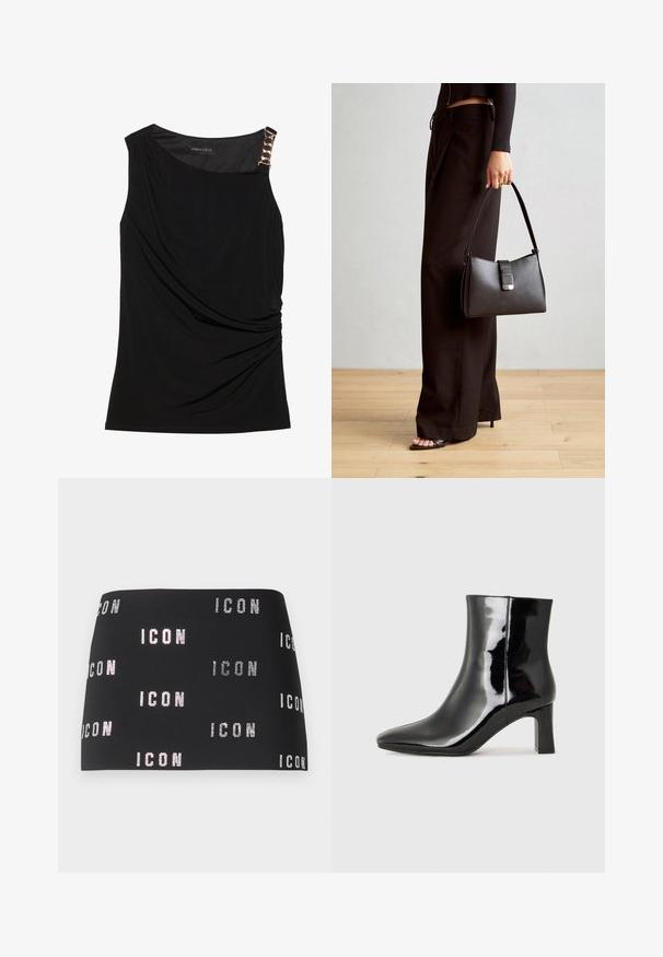 Top senza maniche nera con tessuto arricciato, dotata di un colletto liscio e un accento decorativo di catena dorata sulla spalla sinistra.; Gonna mini nera con testo scintillante "ICON" in un motivo ripetuto su tutta la superficie, texture liscia e design aderente.; Stivaletto in pelle verniciata nera con punta a punta e tacco a blocco di altezza media. Texture liscia e design minimalista.; Borsa nera con forma strutturata, texture liscia e una chiusura metallica. Abbinata a pantaloni neri larghi e sandali open-toe su un pavimento in legno.
