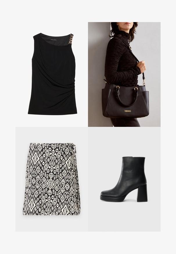 Top negro sin mangas con tejido recogido, que presenta un escote suave y un detalle decorativo de cadena dorada en el hombro izquierdo.; Bolso en blanco y negro con un patrón geométrico de diamantes, fabricado con un tejido de acabado texturizado. Diseñado con una abertura de solapa.; Botín de cuero negro con tacón cuadrado y suela de plataforma, visto de lado sobre un fondo blanco liso.; Bolso negro con superficie texturizada, doble asa superior y correa para hombro ajustable. Presenta herrajes en tono dorado y bolsillos laterales.