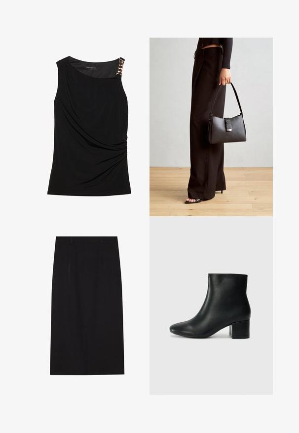 Mustat hihattomat paidat, joissa on rypistynyt kangas, sileä pääntie ja koristeellinen kultaketju vasemmassa olkapäässä.; Mustat polviin saakka ulottuvat kynähameet, jotka on valmistettu sileästä kankaasta. Ominaisuuksiin kuuluu yksinkertainen muotoilu, johon kuuluu kaksi etuseamsta ja piilotettu vetoketju takana.; Musta nahkasaappaat nilkkapituudella, jossa on terävä kärki ja paksu korko. Silkkinen pinta, jossa on minimaaliset yksityiskohdat ja tyylikäs, istuva muotoilu.; Musta käsilaukku, jossa on rakenteellinen muoto, sileä pinta ja metallinen solki. Yhdistetty leveisiin mustiin housuihin ja avonaiheisiin sandaaleihin puulattialla.