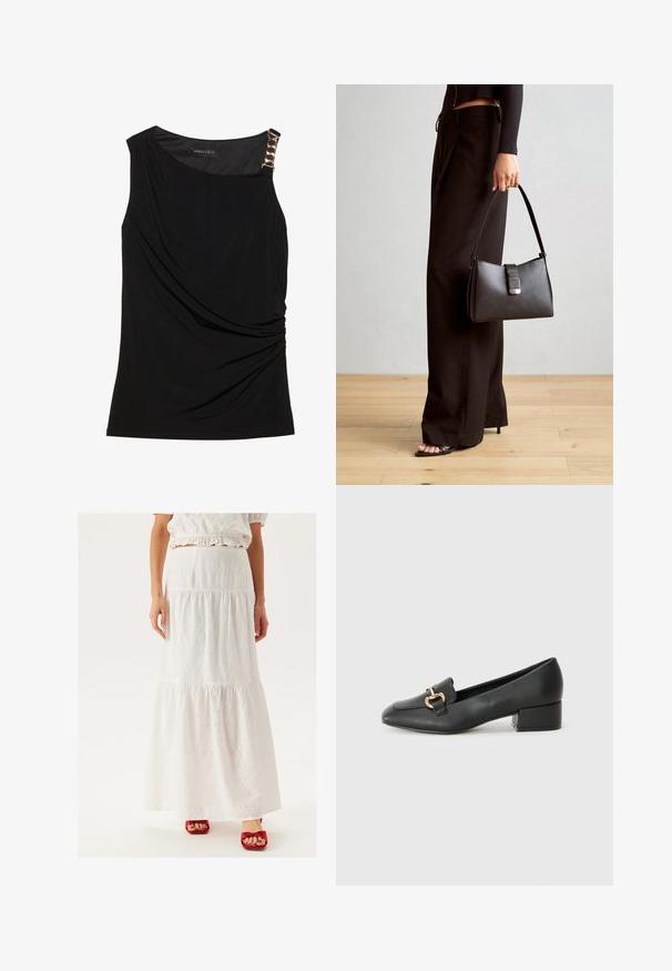 Černý bezrukávový top se staženou tkaninou, s hladkým výstřihem a dekorativním zlatým řetízkem na levém rameni.; Bílá maxi sukně s vrstveným střihem, vyrobená z vyšívané bavlny, s vyřezávanými květinovými vzory. Doplněná červenými sandály na podpatku.; Černé kožené loferské boty s plochým podpatkem, zdobené zlatým kovovým detailem na přední straně a hladkým povrchem.; Černá kabelka se strukturovaným tvarem, hladkým povrchem a kovovým uzávěrem. Kombinována s širokými černými kalhotami a sandály s otevřenou špičkou na dřevěné podlaze.