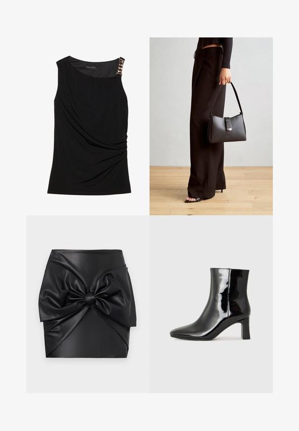 Čierny bezrukávový top so zhrnutou látkou, s hladkým výstrihom a dekoratívnym zlatým reťazovým doplnkom na ľavom pleci.; Čierna mini sukňa z umelého kože so veľkým predným viazaním, hladkou textúrou a štruktúrovanou siluetou s plisovanými detailmi.; Čierne lakované členkové topánky s špicatou špičkou a stredne vysokým blokovým podpätkom. Hladká textúra a minimalistický dizajn.; Čierna kabelka so štruktúrovaným tvarom, hladkou textúrou a kovovou sponou. V kombinácii so širokými čiernymi nohavicami a sandálmi s otvorenou špičkou na drevenej podlahe.