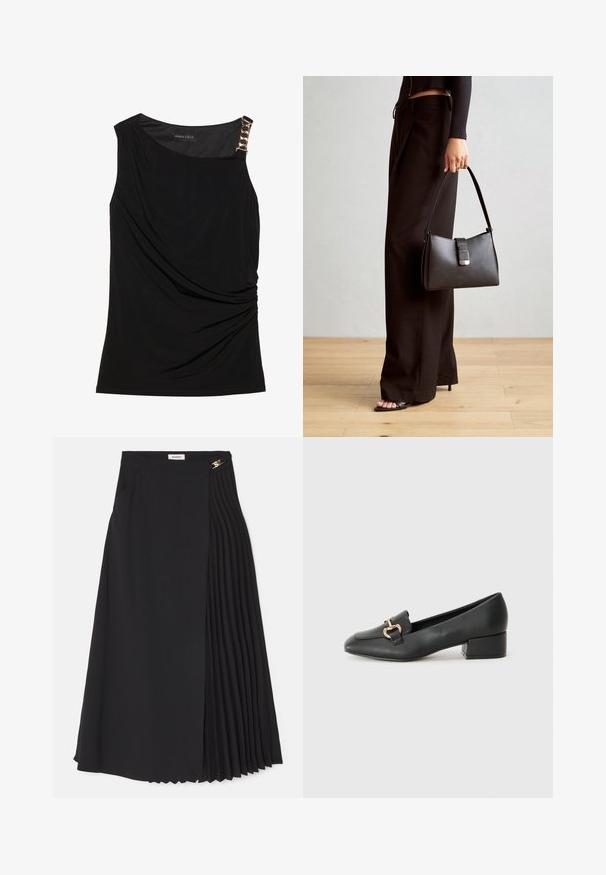 Sort ærmeløs top med samlet stof, der har en glat halsudskæring og en dekorativ guldkædeaccent på venstre skulder.; Sort midikjole med plisseret design på den ene side, lavet af letvægtsstof med usynlig lynlås og sidelommer.; Sorte læder loafers med flad hæl, der har en dekorativ guldhardwaredetalje foran og en glat overflade.; Sort håndtaske med struktureret form, glat overflade og metalspænde. Sammen med brede sorte bukser og sandaler med åben tå på trægulv.