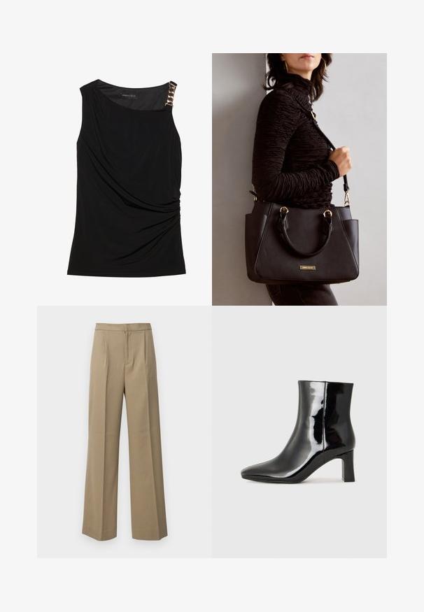 Top senza maniche nera con tessuto arricciato, dotata di un colletto liscio e un accento decorativo di catena dorata sulla spalla sinistra.; Pantaloni a gamba larga beige realizzati in un tessuto testurizzato. Presentano pieghe frontali e una vita piatta. Nessun bottoni o tasche visibili.; Stivaletto in pelle verniciata nera con punta a punta e tacco a blocco di altezza media. Texture liscia e design minimalista.; Borsa nera con superficie texturizzata, manici superiori doppi e tracolla regolabile. Dotata di hardware color oro e tasche laterali.