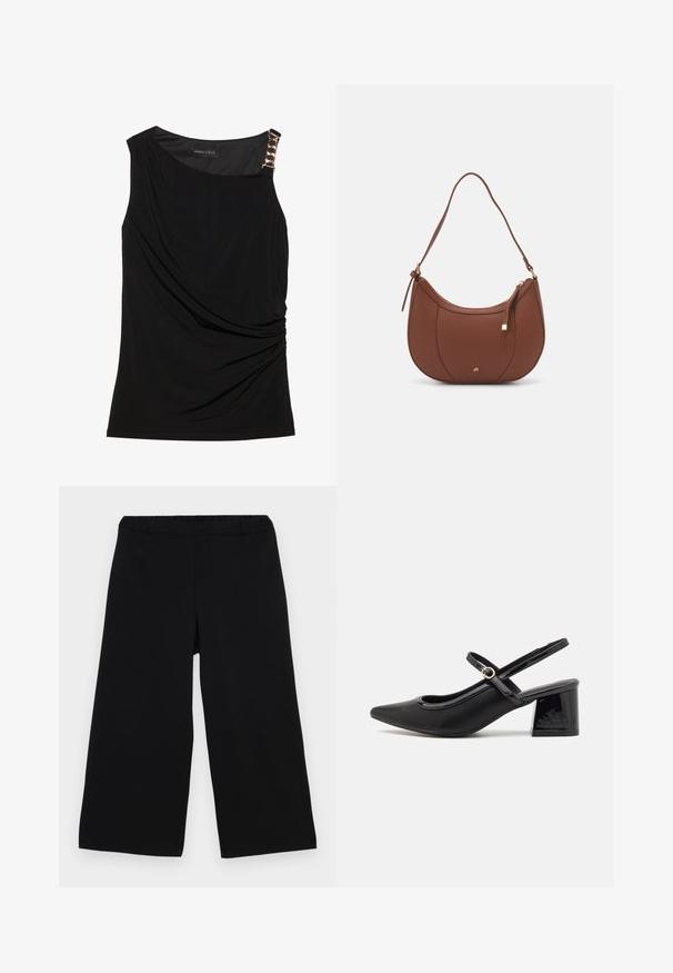 Μαύρο αμάνικο τοπ με συγκεντρωμένο ύφασμα, διαθέτει λείο λαιμόκομμα και διακοσμητική χρυσή αλυσίδα στη αριστερή ώμο.; Μαύρο παντελόνι σε γραμμή wide-leg με ελαστική μέση. Κατασκευασμένο από λείο ύφασμα, με απλό και καθαρό σχέδιο χωρίς τσέπες ή στολίδια.; Μαύρα παπούτσια γοβάκια από πατενταρισμένο δέρμα με γωνιαστό μπροστινό μέρος, στρογγυλή κοπή και τετράγωνο τακούνι. Διαθέτουν μια χρυσή αγκράφα ως διακοσμητικό στοιχείο.; Καφέ ψεύτικη δερμάτινη τσάντα ώμου με καμπύλο σχήμα, ελάχιστη ραφή και χρυσή μεταλλική λεπτομέρεια. Διαθέτει κλείσιμο με φερμουάρ στην κορυφή και ρυθμιζόμενο λουρί.