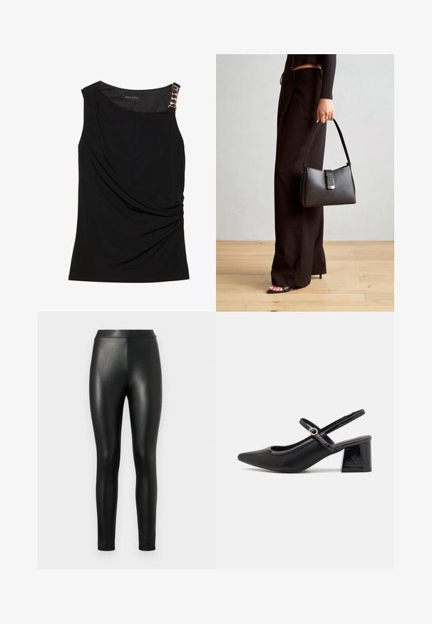 Zwart mouwloos topje met verzameld stof, met een soepele halslijn en een decoratieve gouden kettingaccent op de linker schouder.; Zwarte nep leren leggings met een gladde uitstraling, hoge tailleband en strakke pasvorm, ontworpen voor een gestroomlijnde silhouette.; Zwarte gepolijste leren slingback hakken met een spitse neus, een ronde uitsnede en een blokhak. Voorzien van een gouden gespaccent.; Zwarte handtas met gestructureerde vorm, gladde textuur en een metalen sluiting. Gecombineerd met brede zwarte broeken en sandalen met open teen op een houten vloer.