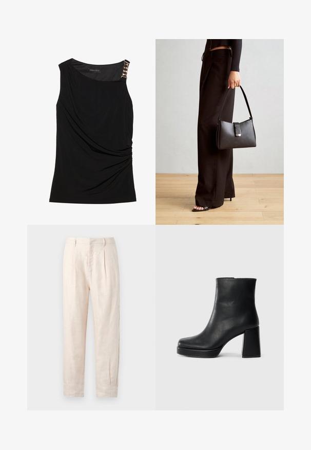 Top negru fără mâneci, cu material strâns, având un decolteu neted și un accent decorativ din lanț de aur pe umărul stâng.; Pantaloni din in bej deschis, cu croială dreaptă, având două plii frontale, buzunare laterale și o suprafață ușor texturată.; Botină din piele neagră, cu toc pătrat și talpă platformă, văzută din lateral pe un fundal alb simplu.; Genți negre cu o formă structurată, textură netedă și un închizător metalic. Asortată cu pantaloni negri largi și sandale cu vârf deschis pe un podea din lemn.