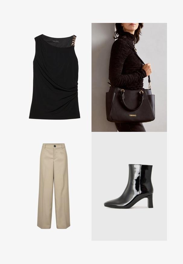 Juodas be rankovių topas su sukrautu audiniu, pasižymintis lygiu apykakle ir dekoratyvine auksine grandinėle kairiajame petyje.; Svetainiai aukštai juosmeniški plačios kojų kelnės su vienu priekiniu mygtuku, diržo kilpomis ir presuotomis raukšlėmis. Lygus tekstūras ir pritaikytas siluetas.; Juodos lakuotos odinės aulinukės su smailiu pirštu ir vidutinio aukščio blokuotu kulnu. Lygus paviršius ir minimalistinis dizainas.; Juodas rankinės maišelis su struktūrizuota paviršiumi, dvigubais viršutiniais rankenėlėmis ir reguliuojamu peties diržu. Įrengtas aukso spalvos furnitūra ir šoninės kišenės.
