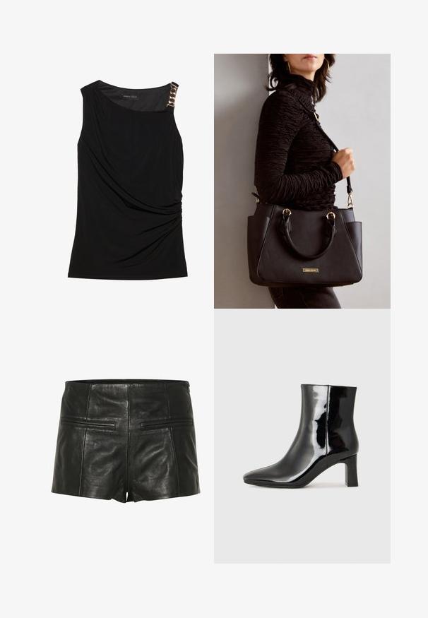 Mustat hihattomat paidat, joissa on rypistynyt kangas, sileä pääntie ja koristeellinen kultaketju vasemmassa olkapäässä.; Mustat nahkashortsit, joissa on sileä pinta, kaksi takataskua ja tiukka muotoilu. Lyhyt pituus, minimaalinen tikkaus.; Musta patenttilakattu nilkkuri, jossa on terävä kärki ja keskipitkä lohkarekorko. Silkkinen pinta ja minimalistinen muotoilu.; Musta käsilaukku, jossa on teksturoitu pinta, kaksi yläkantta ja säädettävä olkahihna. Varustettu kultasävyisillä varusteilla ja sivutaskuilla.