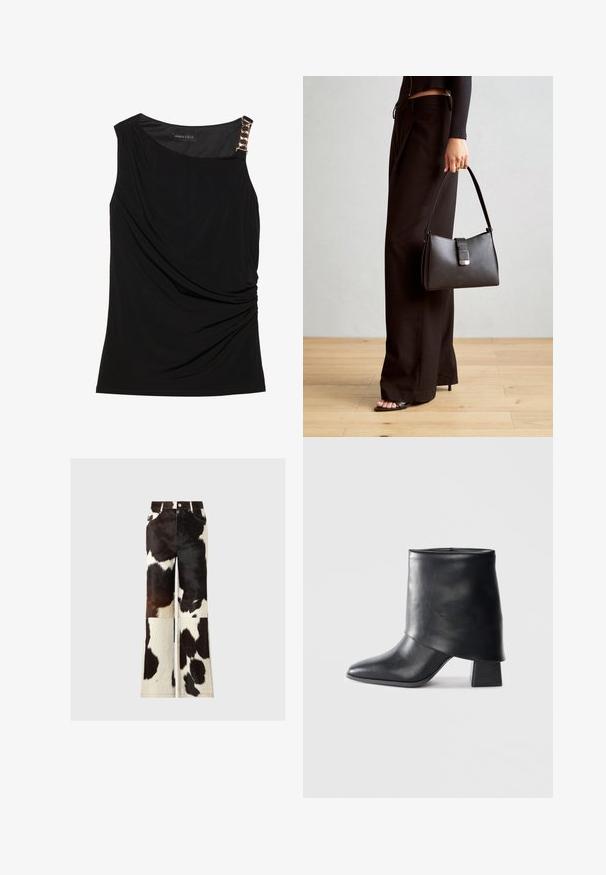 Top negru fără mâneci, cu material strâns, având un decolteu neted și un accent decorativ din lanț de aur pe umărul stâng.; Pantaloni evazați din piele de vacă cu un design patchwork în culori alb și negru, având o textură netedă și accente de cusături vizibile.; Botine din piele neagră cu vârf ascuțit, textură netedă și toc bloc structurat. Prezintă un design cu manșetă înaltă și pliată.; Genți negre cu o formă structurată, textură netedă și un închizător metalic. Asortată cu pantaloni negri largi și sandale cu vârf deschis pe un podea din lemn.
