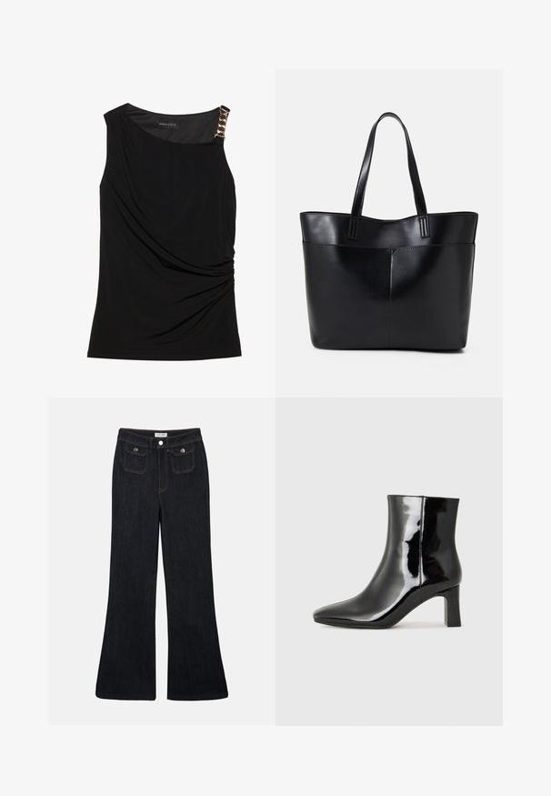 Black sleeveless top with gathered fabric, featuring a smooth neckline and a decorative gold chain accent on the left shoulder.; Flared dark denim jeans with a high waist, two front pockets, and orange stitching. The material appears sturdy and smooth.; Black patent leather ankle boot with a pointed toe and a mid-height block heel. Smooth texture and minimalist design.; Black leather tote bag with two long handles, a smooth texture, and a structured shape. Features a front pocket for additional storage.
