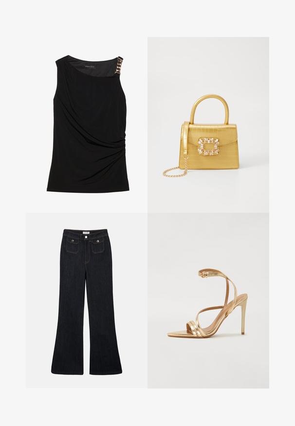 Svart ärmlös topp med samlad tyg, med en slät halsringning och en dekorativ guldkedja som accent på vänster axel.; Uppvikta mörka denimjeans med hög midja, två framfickor och orange sömmar. Materialet verkar vara slitstarkt och mjukt.; Even&Odd Sandaletter - gold; Gul faux-krokodilhandväska med en strukturerad design, topphandtag, avtagbar kedjesladd och dekorativa kristalldekorationer på klämman.