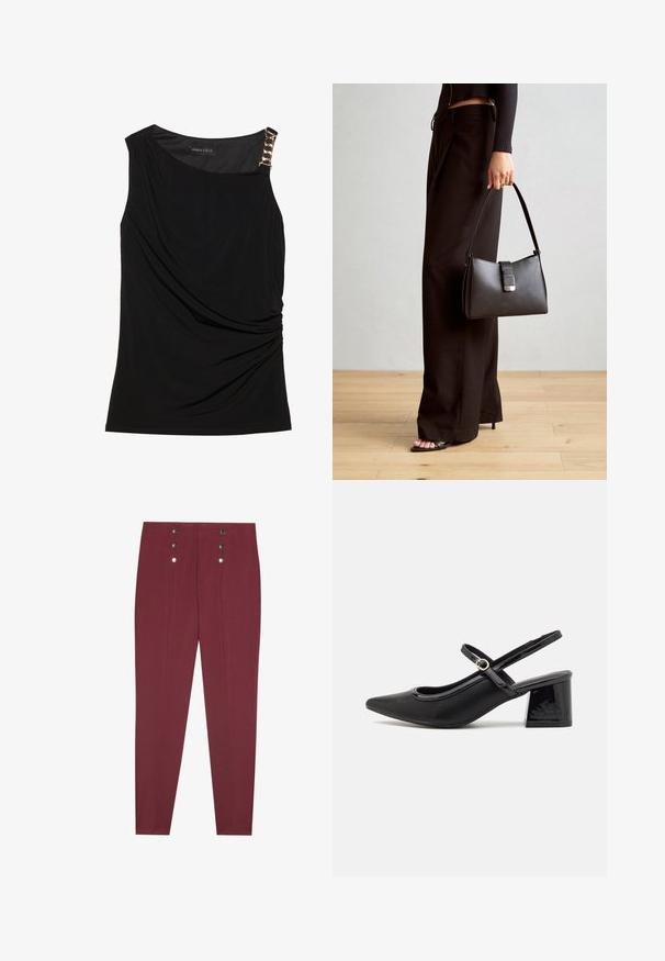 Zwart mouwloos topje met verzameld stof, met een soepele halslijn en een decoratieve gouden kettingaccent op de linker schouder.; Bordeaux op maat gemaakte broek met zijzakken, met een zachte textuur en vier decoratieve zilveren knopen op de tailleband.; Zwarte gepolijste leren slingback hakken met een spitse neus, een ronde uitsnede en een blokhak. Voorzien van een gouden gespaccent.; Zwarte handtas met gestructureerde vorm, gladde textuur en een metalen sluiting. Gecombineerd met brede zwarte broeken en sandalen met open teen op een houten vloer.