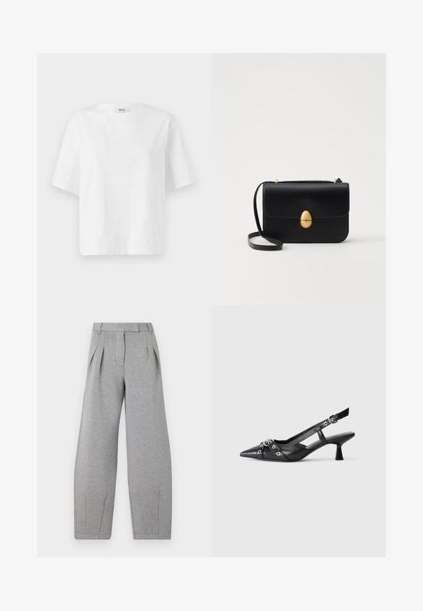 Biele tričko s krátkym rukávom vyrobené z bavlny, s okrúhlym výstrihom a voľným, hranatým strihom s minimálnymi švýkacími detailami.; Sivé, široké nohavice vyrobené z mäkkej látky, s záhybmi na prednej strane, plochým pásom a rovnými švami pozdĺž nôh.; Čierne kožené slingback topánky s špicatou špičkou, ozdobnými popruhmi s kovovými očkami a nízkym blokovým podpätkom. Textúrovaný povrch.; Čierna kožená kabelka so štruktúrovaným obdĺžnikovým tvarom. Obsahuje zlaté oválne zapínanie a tenký ramenný popruh. Hladká textura.