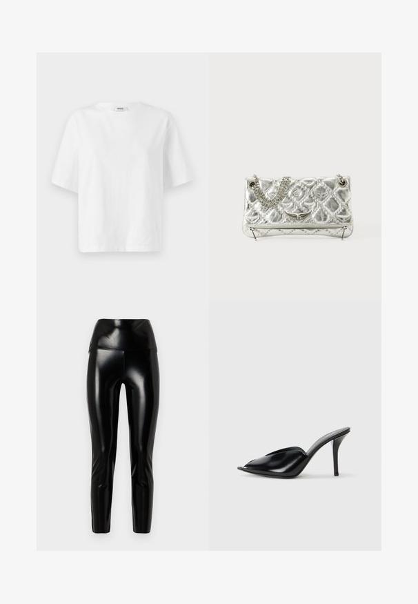 Biała koszulka z krótkim rękawem wykonana z bawełny, z okrągłym dekoltem i luźnym, prostokątnym krojem, z minimalnymi detalami przeszyć.; Czarne legginsy z sztucznej skóry z wysokim stanem, gładką teksturą, zwężanymi nogawkami i błyszczącym wykończeniem. Brak widocznych szwów lub zdobień.; Czarne skórzane mule na wysokim obcasie z odkrytym palcem, w szpiczastym designie, gładkiej teksturze i smukłym obcasie szpilce.; Srebrna torebka metaliczna z łańcuszkowym uchwytem, pikowanym wzorem, dekoracyjnym haftem i zapięciem na zamek błyskawiczny. Posiada wytłoczone akcenty na przodzie.