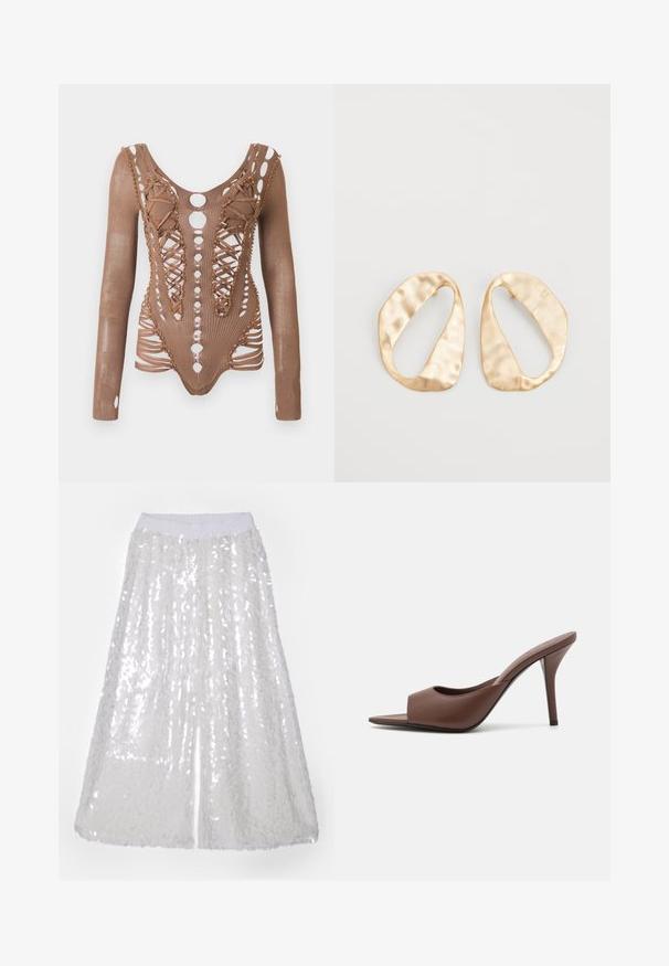 Long-sleeve brown mesh bodysuit with intricate cutouts, lace-up front detailing, and decorative beading along the edges against a white background.; Norma Kamali BOYFRIEND ELEPHANT - Trousers - clear/white; Brown leather open-toe high-heeled mules with a sleek design, featuring a wide front strap and a slender stiletto heel.; Pair of irregular oval-shaped gold-toned metal earrings with a textured, slightly hammered surface on a white background.