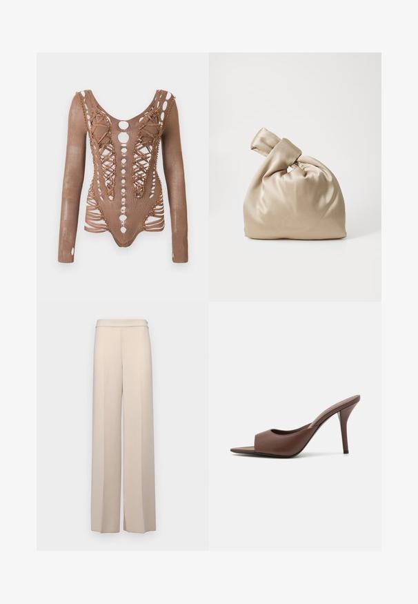 Dugulja s dugim rukavima, smeđa mrežasta bodysuit s složenim izrezima, vezanjem sprijeda i dekorativnim perlicama duž rubova na bijeloj pozadini.; Bež hlače širokih nogavica od glatke tkanine, s visokim strukom i suptilnim prednjim naborima. Bez džepova ili vidljivih metalnih detalja.; Smeđe kožne mule s visokom potpeticom i otvorenim prstima, s elegantnim dizajnom, širokim prednjim remenom i vitkom stiletto potpeticom.; Bež satenski torba s čvorastim vrhom, koja se ističe mekom, glatkom teksturom i zaobljenim oblikom, osmišljena da bude jednostavna i elegantna.