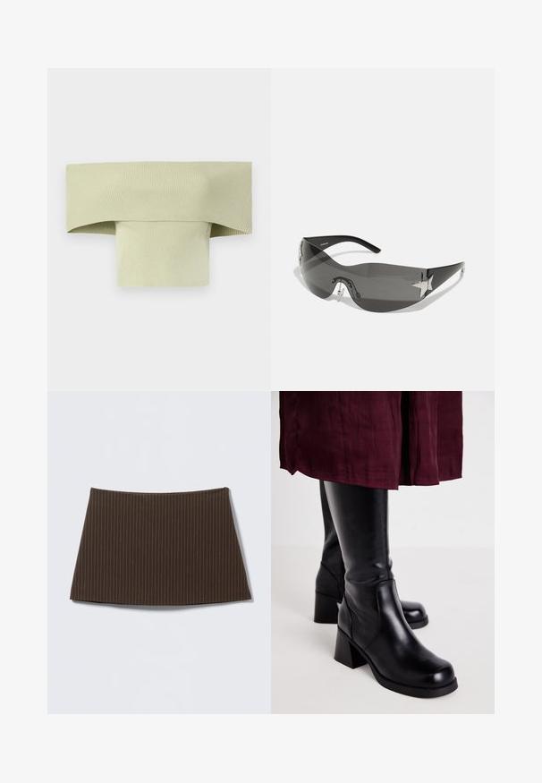 Top a coste, off-the-shoulder, di colore verde pallido, con un ampio collo ripiegato e una forma aderente e attillata, realizzato in un materiale elasticizzato.; Gonna marrone a righe sottili con design aderente, texture liscia e orlo svasato, ideale per un look su misura.; Stivali neri al ginocchio con finitura in pelle liscia, tacco a blocco rettangolare e dettagli di cucitura laterale, abbinati a una gonna bordeaux.; Occhiali da sole neri con design avvolgente, lenti scure, rifiniture a forma di stella brillanti e naselli regolabili.; Set di dodici orecchini a cerchio in tonalità argento e oro. Include design attorcigliati, lisci e testurizzati con varie dimensioni e finiture.