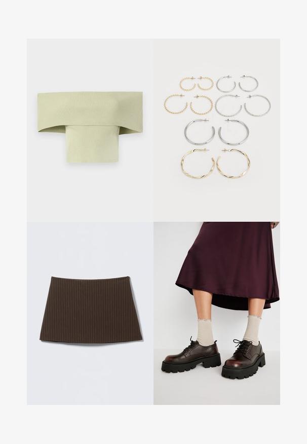 Top acanalado, sin hombros, en verde claro, con un amplio escote doblado y una forma ceñida y ajustada, hecho de material elástico.; Falda marrón con rayas finas, diseño ajustado, textura suave y dobladillo acampanado, ideal para un look entallado.; Zapatos de plataforma de cuero marrón con suelas negras gruesas, combinados con calcetines beige acanalados con bordes en forma de ondas, sobre un fondo apagado.; Conjunto de doce pendientes de aro en tonos plateados y dorados. Incluye diseños retorcidos, lisos y texturizados en varios tamaños y acabados.
