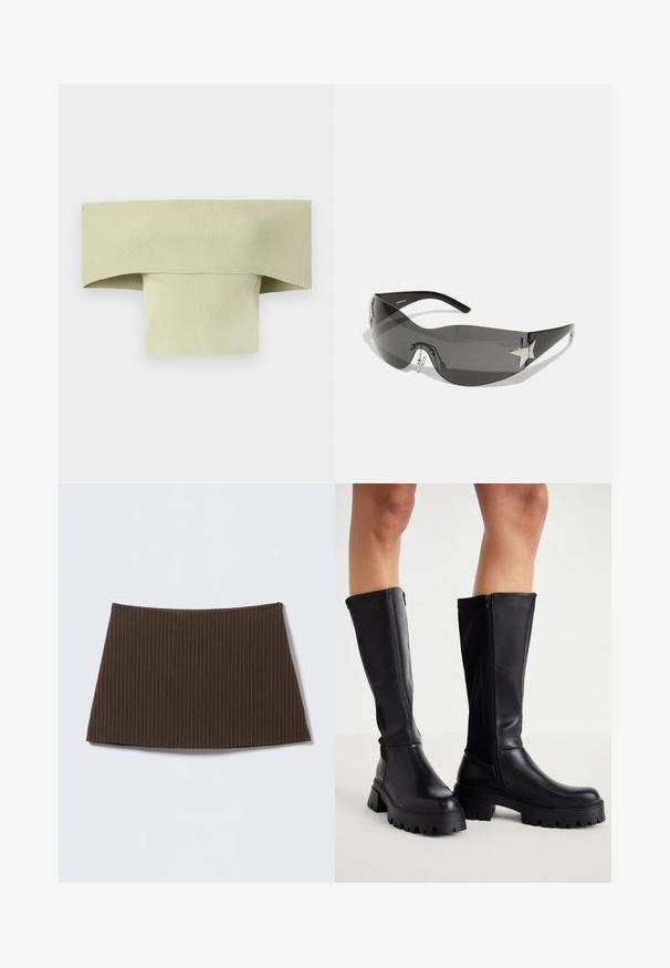Top cu nervuri, cu umerii goi, în verde deschis, cu un decolteu lat pliant și o formă strânsă, mulată, realizat dintr-un material elastic.; Fustă maro cu dungi fine, croială mulată, textură netedă și tiv evazat, ideală pentru un aspect croit pe măsură.; Bocanci negri până la genunchi, dintr-o piele artificială netedă, cu o talpă groasă, închidere cu fermoar lateral și un design cu vârf rotund.; Ochelari de soare negri cu un design tip wrap-around, lentile întunecate, accente strălucitoare în formă de stea și suporturi pentru nas ajustabile.; Set de douăsprezece cercei cercei în nuanțe de argint și aur. Include modele răsucite, netede și texturate, cu dimensiuni și finisaje variate.