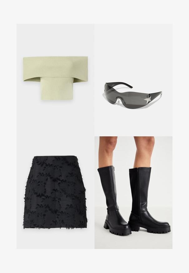 Rebrasto, top brez ramenskega trakca v svetlo zeleni barvi, z širokim zavihanim ovratnikom in tesno prilegajočo obliko, narejen iz elastičnega materiala.; Črna krila z teksturirano cvetlično vezenino, s frayed robovi in elegantno silhueto. Narejena iz gladkega blaga z strukturirano obliko.; Črne škornje do kolen, izdelane iz gladkega umetnega usnja, z debelim podplatom, bočnim zadrgo in zaobljenim vrhom.; Črne sončne očala z ovijajočim dizajnom, temno obarvanimi lečami, sijočimi zvezdastimi detajli in nastavljivimi nosnimi blazinicami.; Set dvanajstih uhvorov v srebrnih in zlatih odtenkih. Vključuje zvite, gladke in teksturirane modele v različnih velikostih in končnih obdelavah.