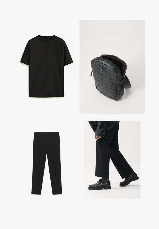 Svart bomulls t-shirt med klassisk rund hals, korta ärmar och avslappnad passform. Slät textur, inga mönster eller utsmyckningar.; Svarta byxor i slät väv, med smal passform, slät framsida, två sidfickor och knäppning i midjan.; Svarta läderskor med rund tå, snörningsdesign och tjock, strukturerad sula. Bärs med skräddarsydda svarta byxor och en ribbad tröja.; Svart, texturerad läderväska med ett geometriskt mönster, rektangulär form, dragkedja upptill och ett kort bärhandtag. Har en logotypapplikation på framsidan.; Timex-armbandsur med en silverfärgad urtavla, svarta timmarkörer och stålkapsel. Den har ett strukturerat armband i svart läder. Enkel, elegant design.